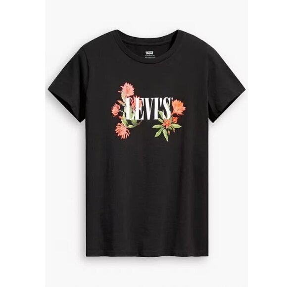 Levis Top SZ XS Black The Perfect Tee Bleached Logo Cactus Flower Short Sleeve - Picture 4 of 14
